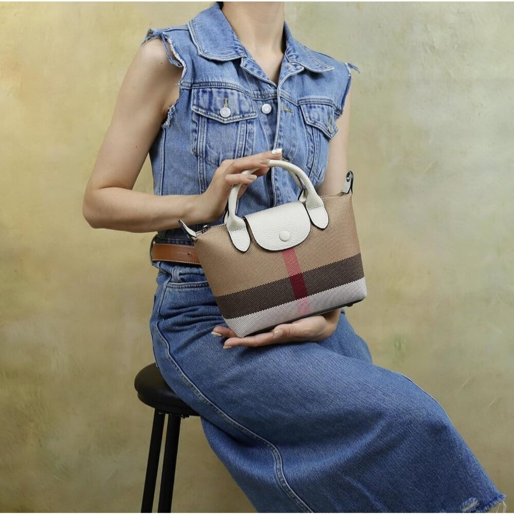 women Lvory White Vintage Leather Shoulder Bag Canvas Top Handle - Picture 3 of 8